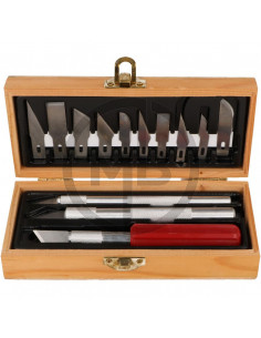 Confezione con astuccio in legno 3 coltelli e 10 lame assortite